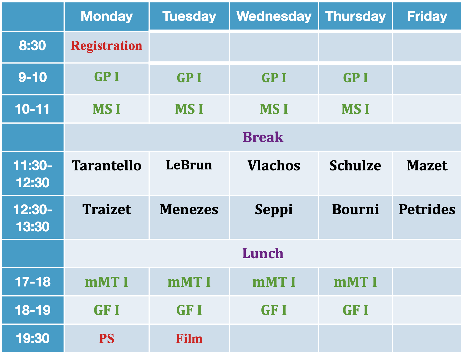Tentative schedule for the first week